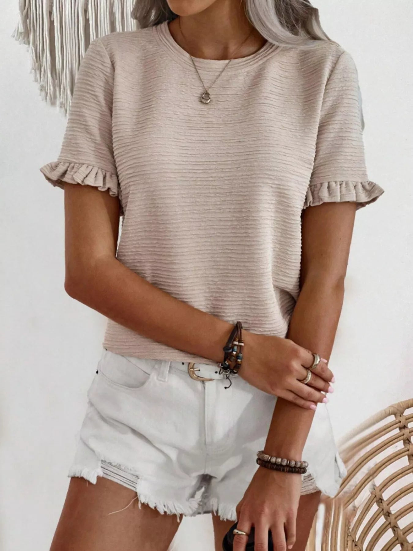 Textured Ruffle Sleeve Round Neck T-Shirt 