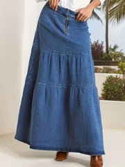 Tiered Maxi Denim Skirt with Zipper Detail 