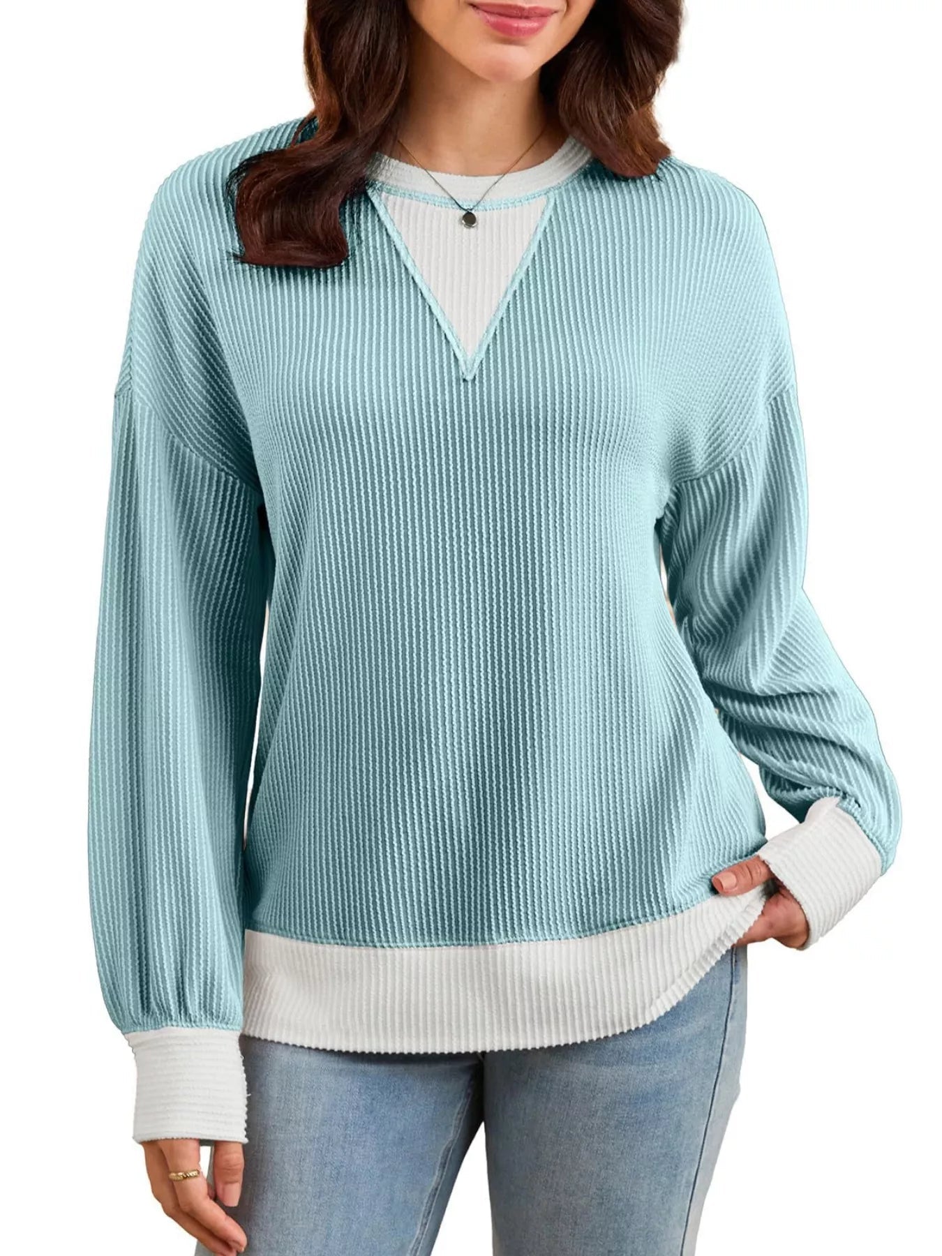 Two-Tone Ribbed Knit Sweatshirt 