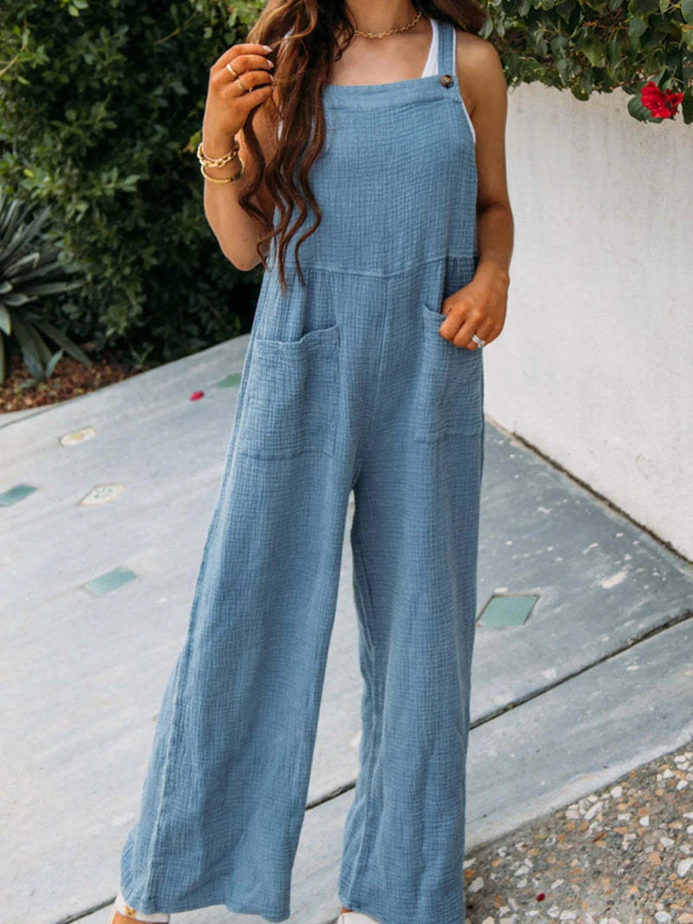 Full Size Casual Wide Leg Textured Overalls Plus Size 