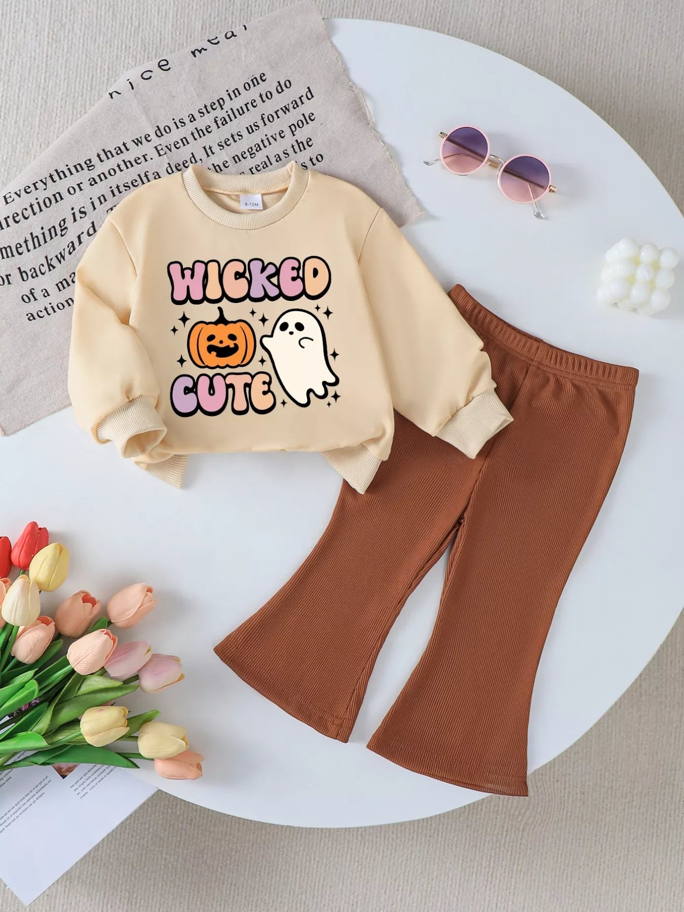 Children's Halloween Graphic Round Neck Top and Pants Set 