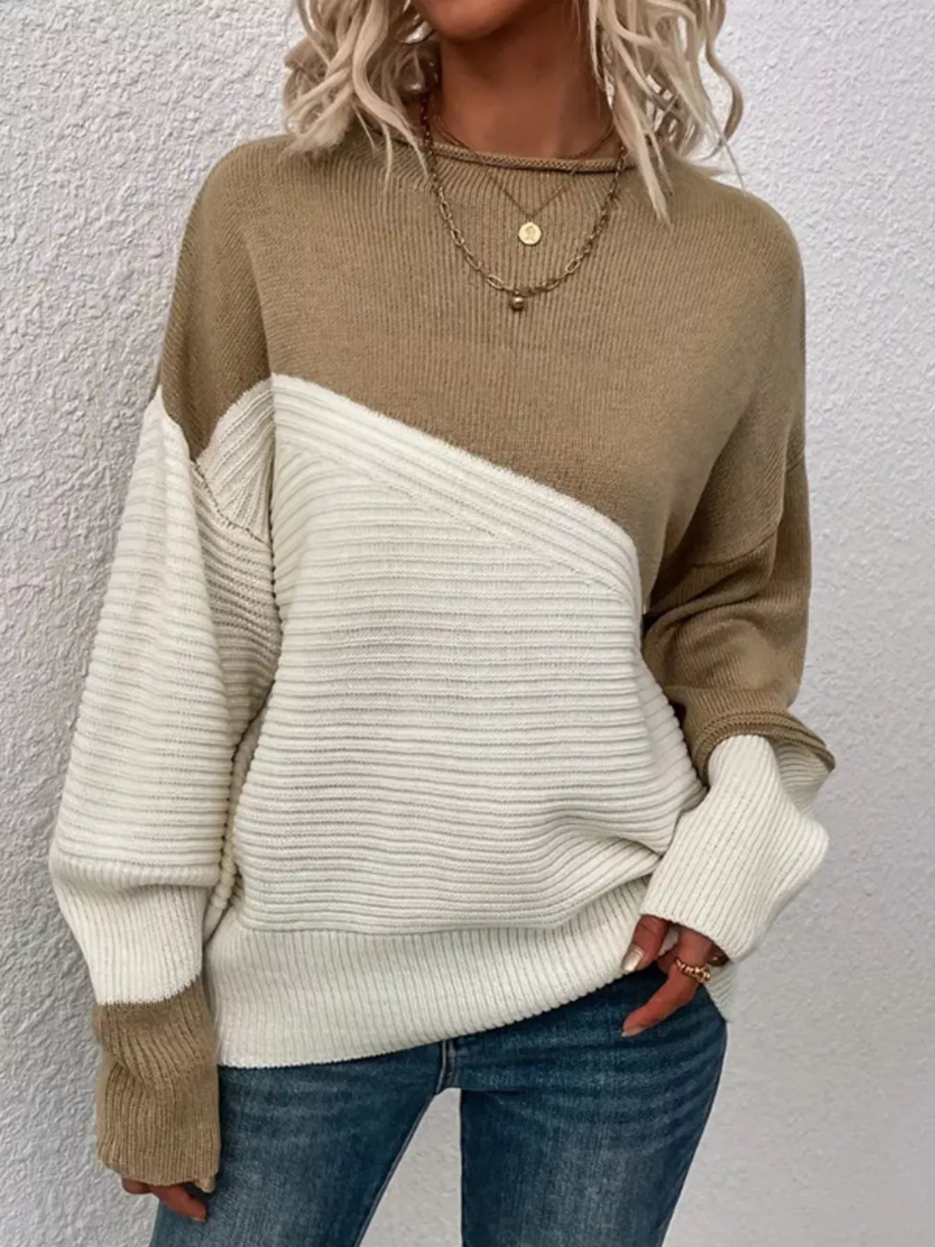 Color Block Ribbed Knit Sweater 