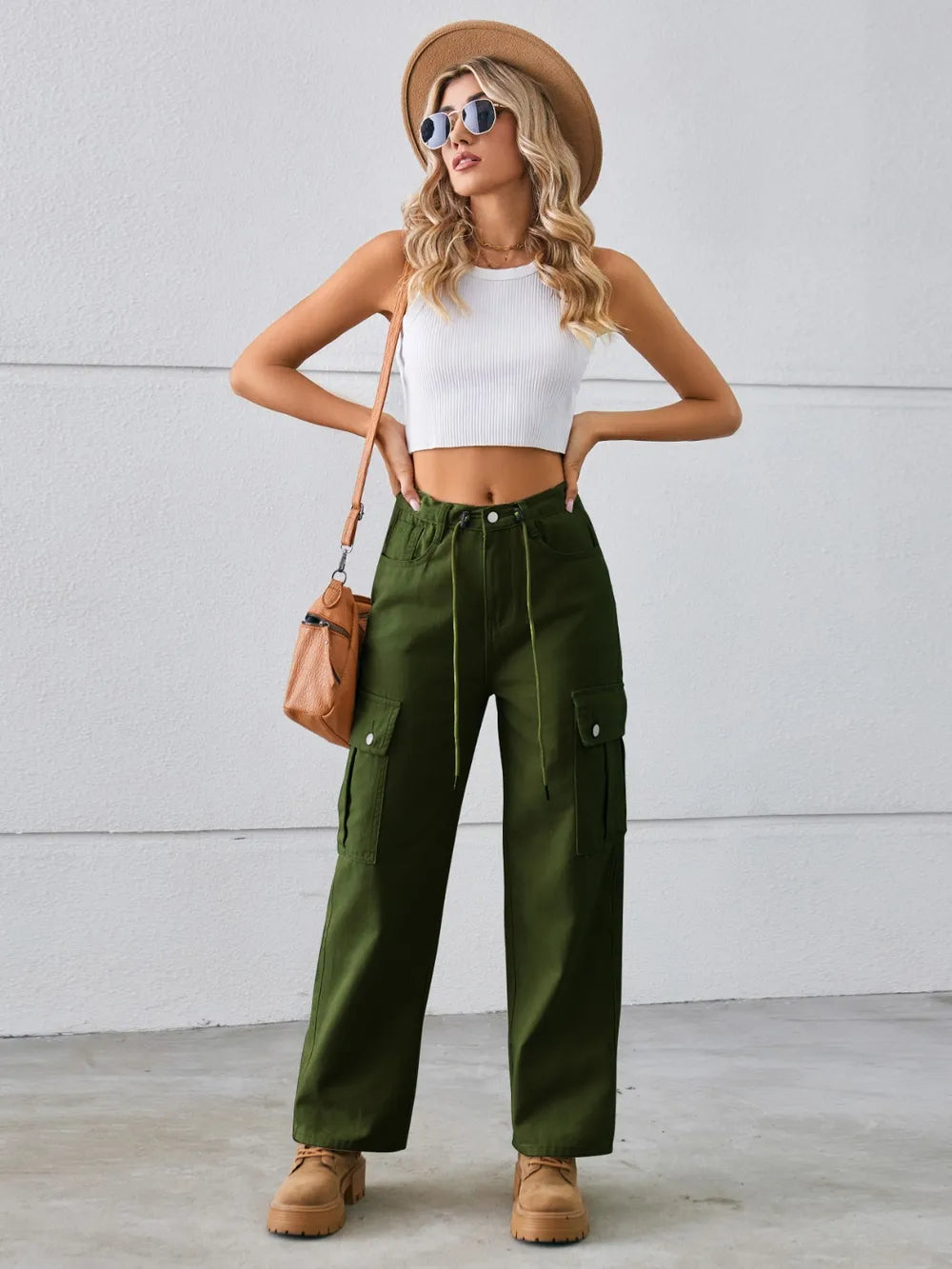 Drawstring Mid-Rise Waist Straight Cargo Jeans 