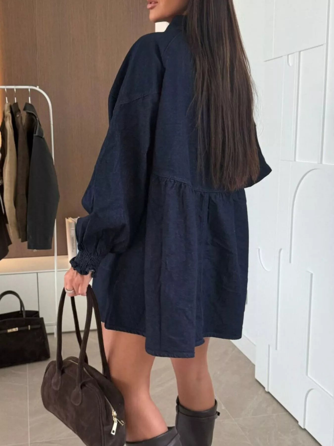 Button Down Mini Denim Dress with Front Pockets 