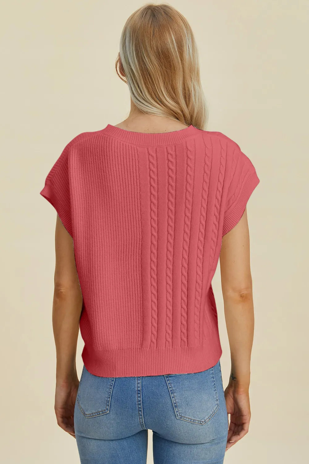 Double Take Full Size Cable-Knit Round Neck Short Sleeve Sweater 