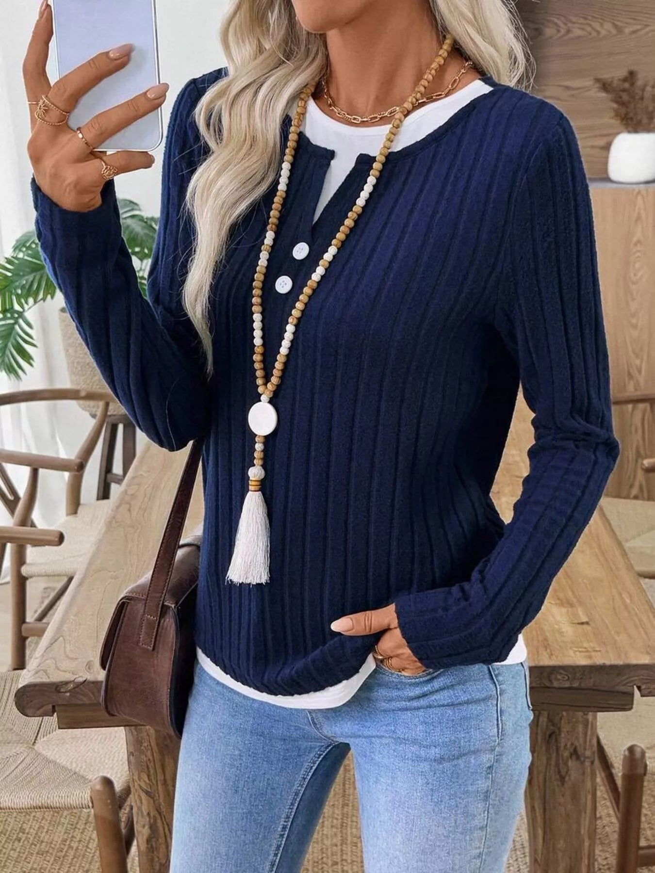 Ribbed Knit Button Detail Contrast Sweater 