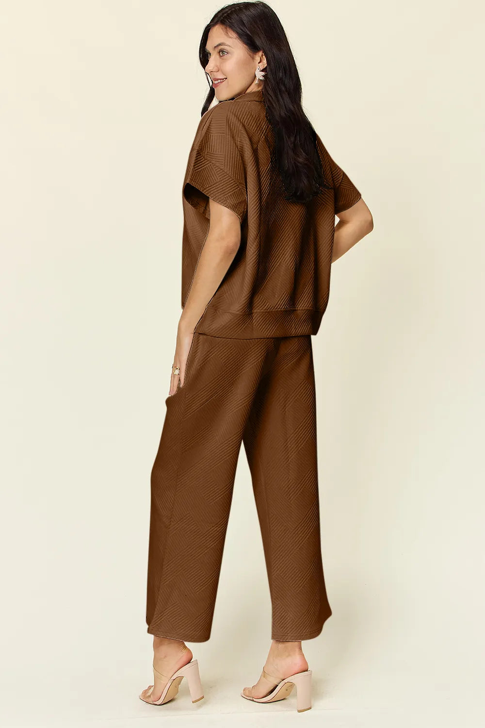 Double Take Full Size Texture Half Zip Short Sleeve Top and Pants Set 