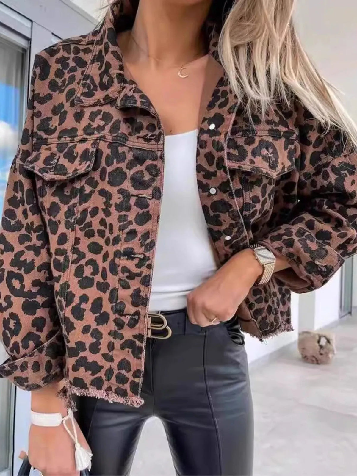 Leopard Print Raw Hem Denim Jacket 