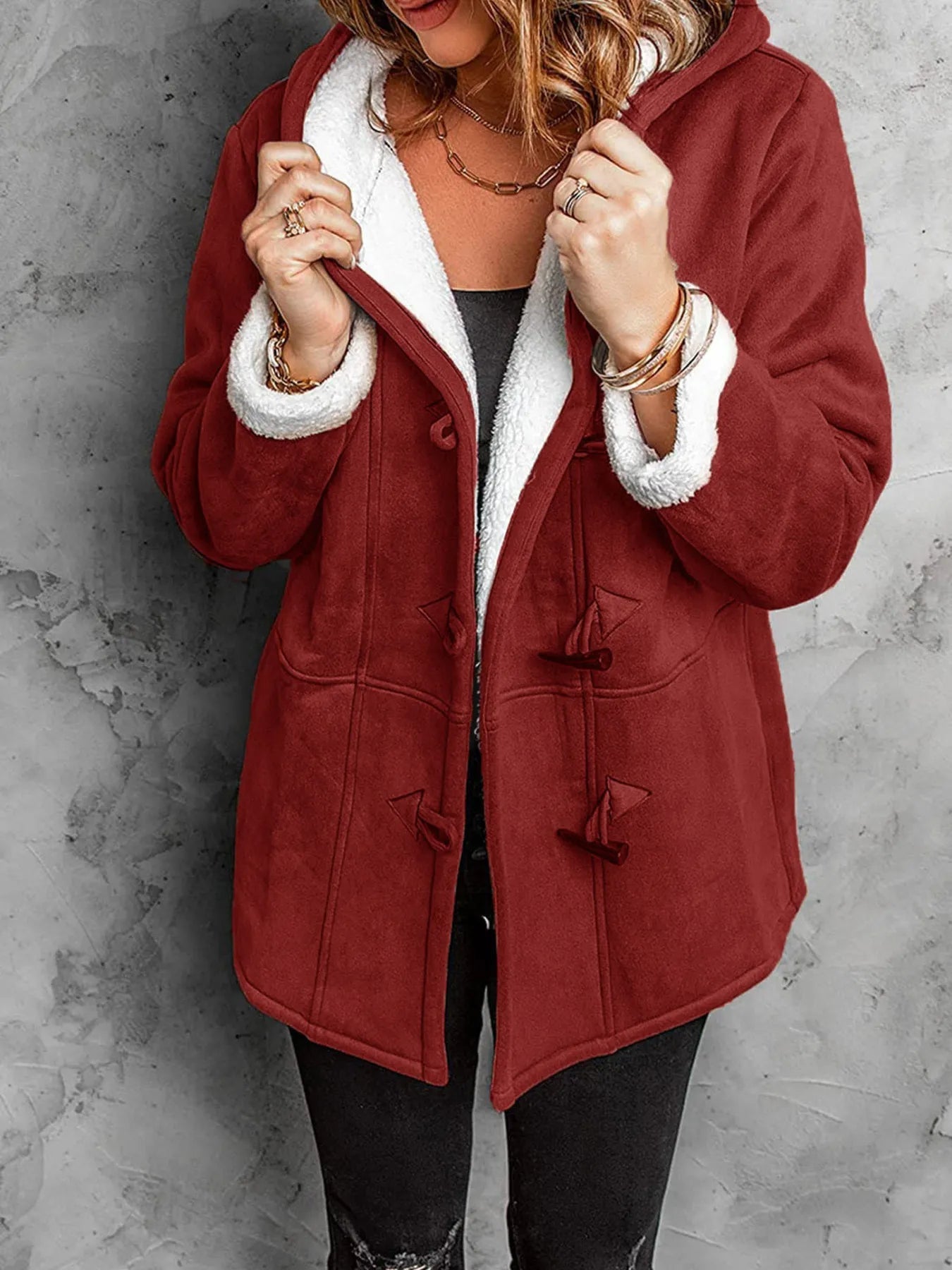 Full Size Cozy Sherpa Lined Toggle Coat with Hood Plus Size 