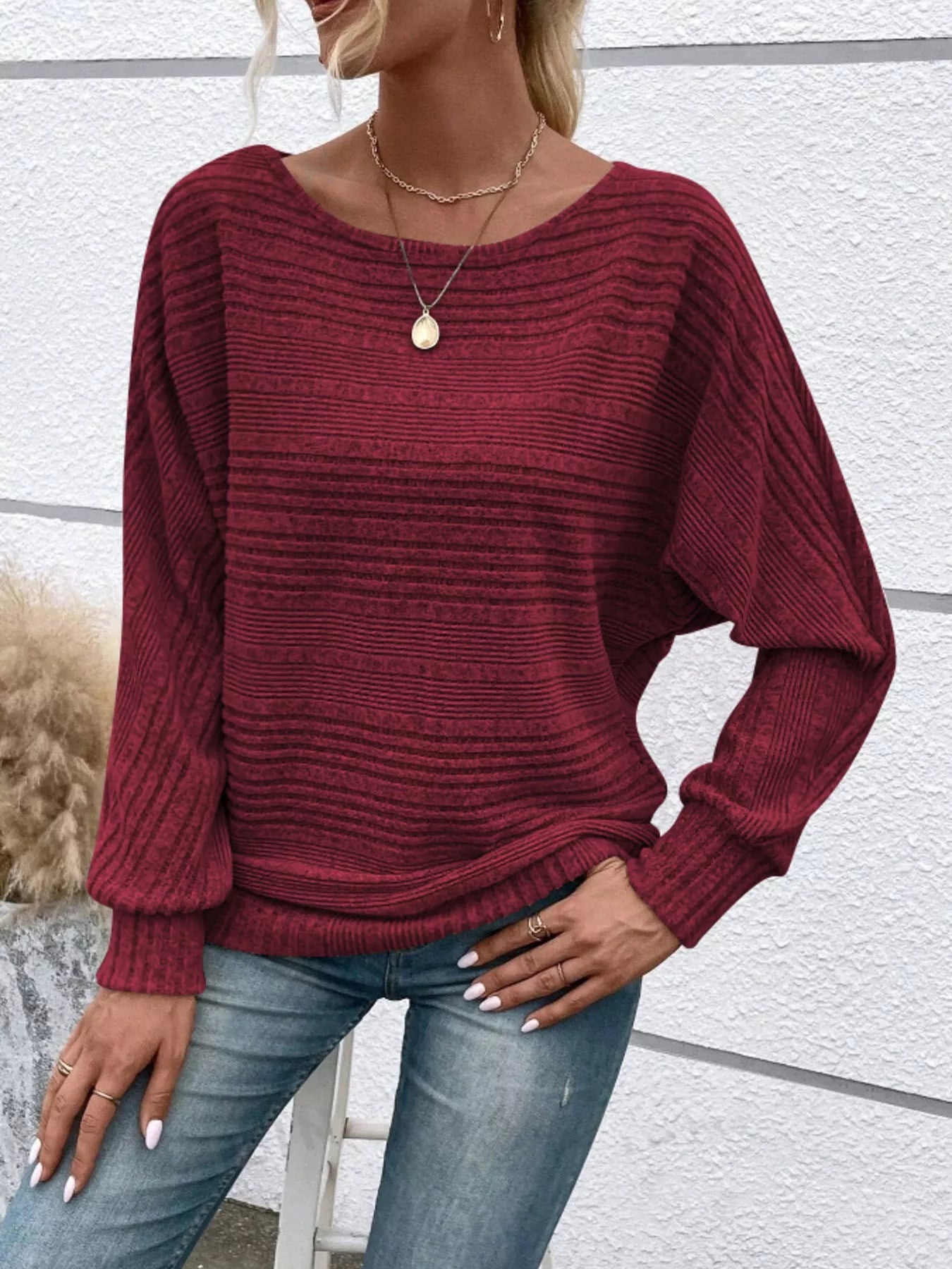 Ribbed Round Neck Long Sleeve Top 