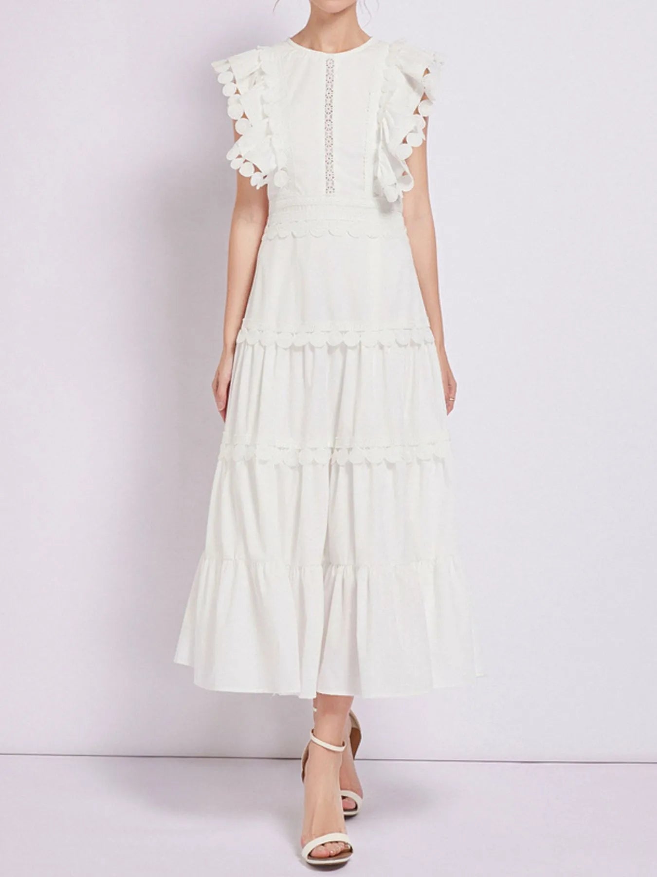 Sleeveless Ruffled Tiered Dress with Embroidered Trim 