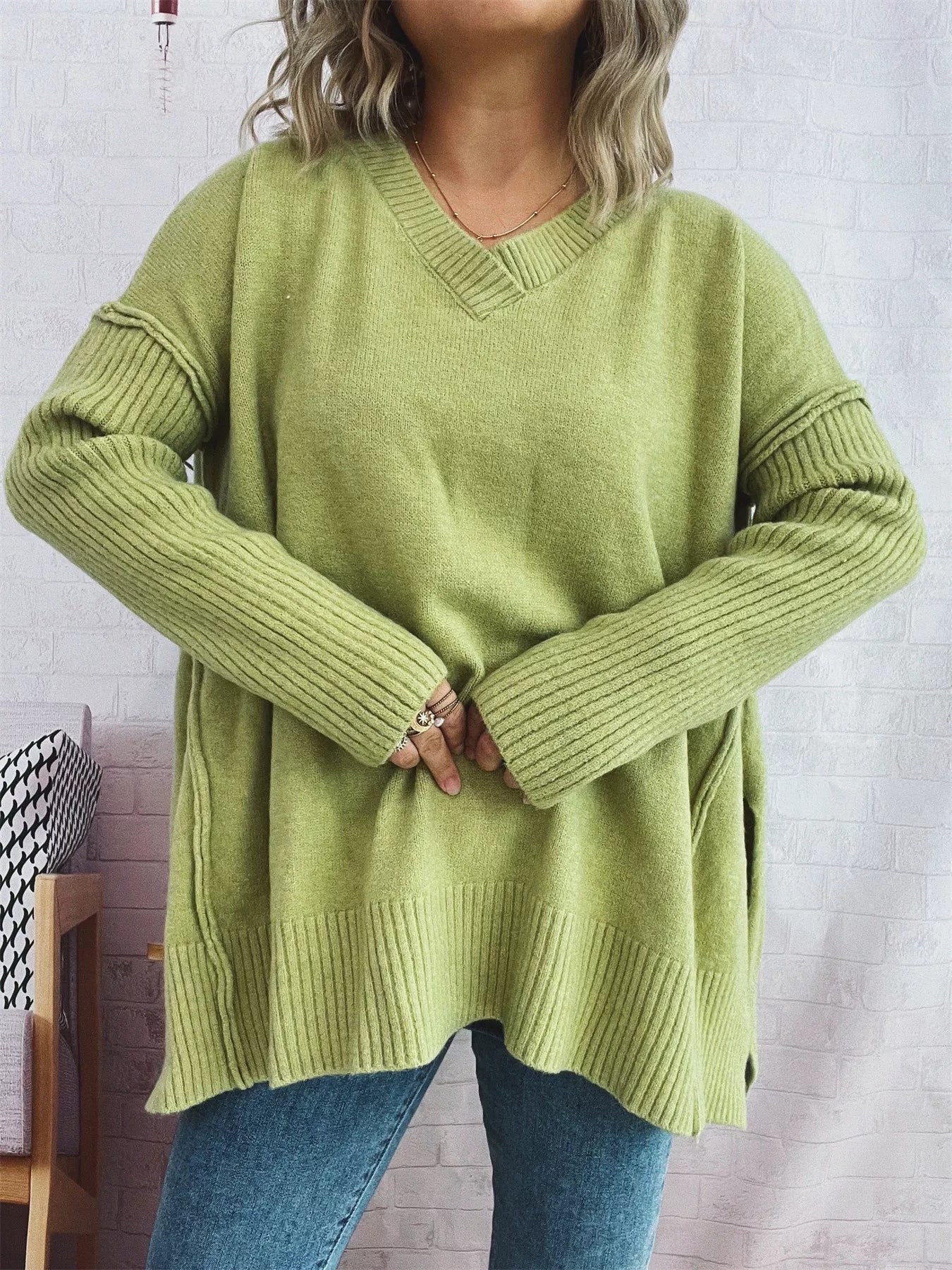V-Neck Dropped Shoulder Sweater 