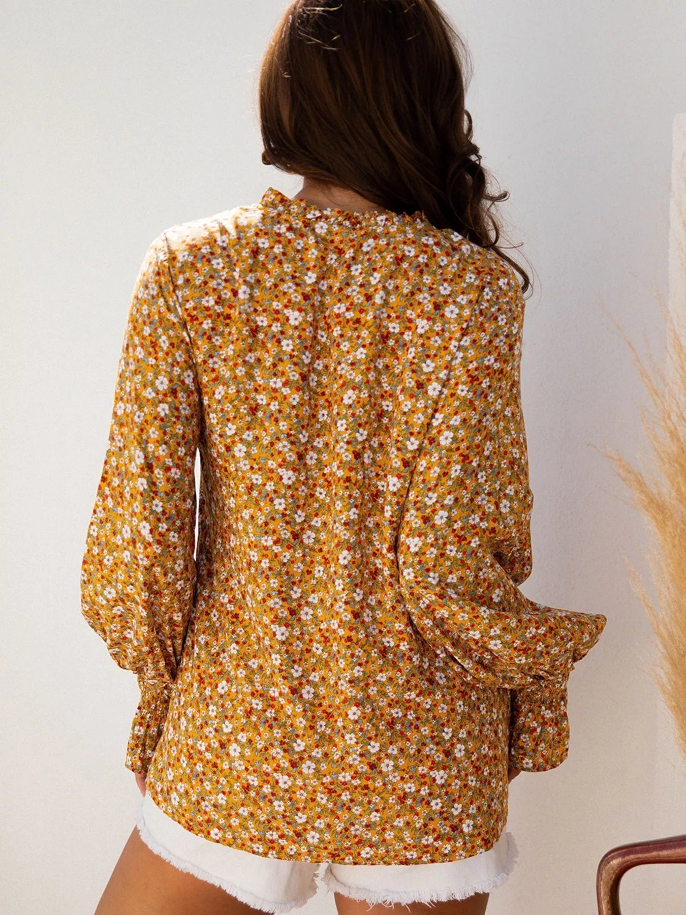 Floral Ruffled Bubble Sleeve Tie Neck Blouse 