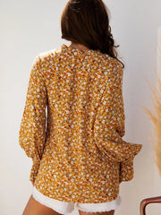 Floral Ruffled Bubble Sleeve Tie Neck Blouse 
