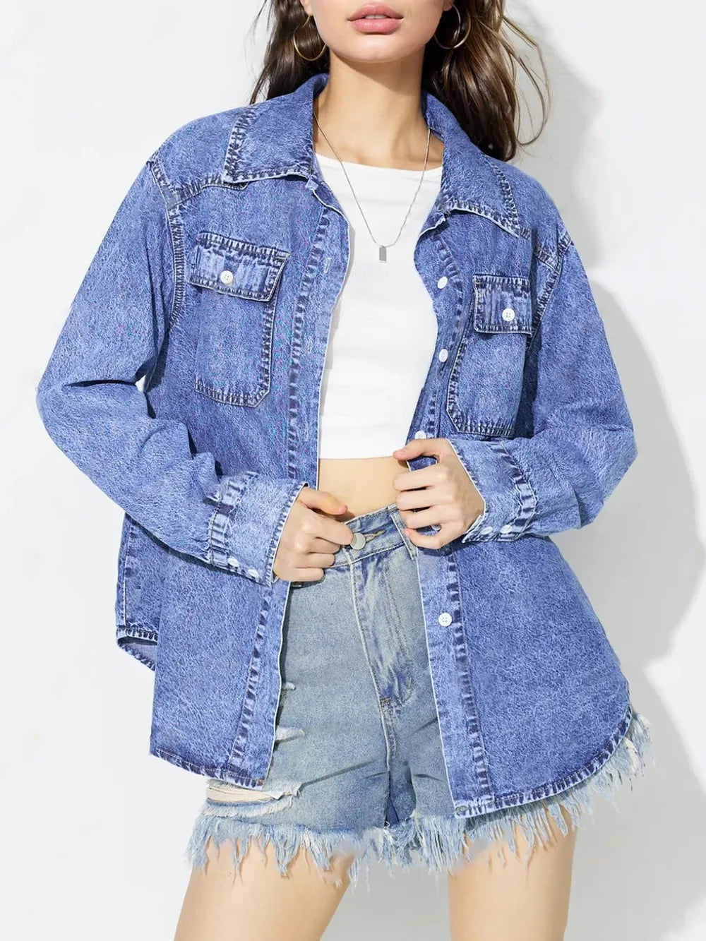 Curved Hem Collared Neck Denim Top 