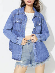 Curved Hem Collared Neck Denim Top 