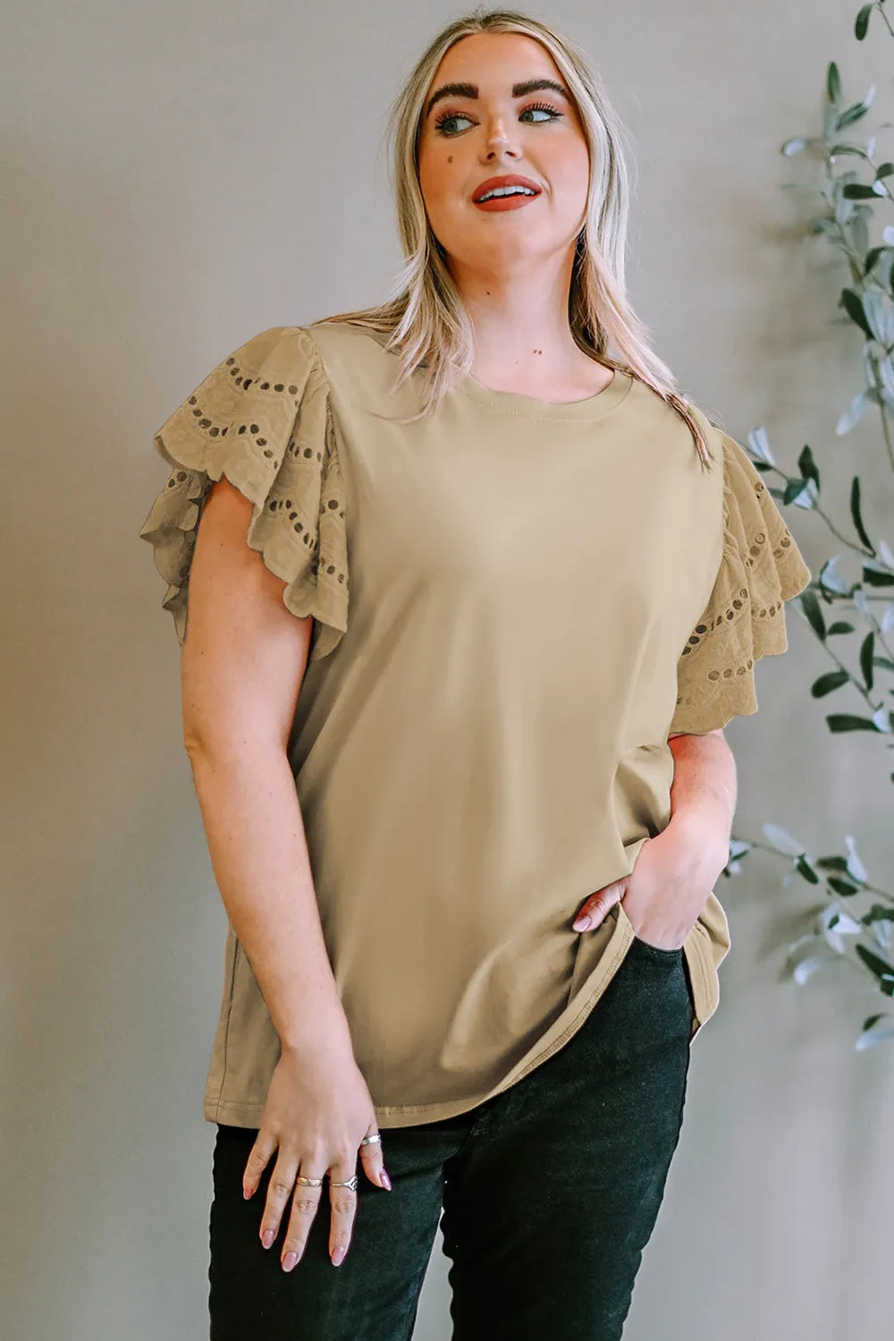 Plus Size Eyelet Round Neck Short Sleeve Blouse 