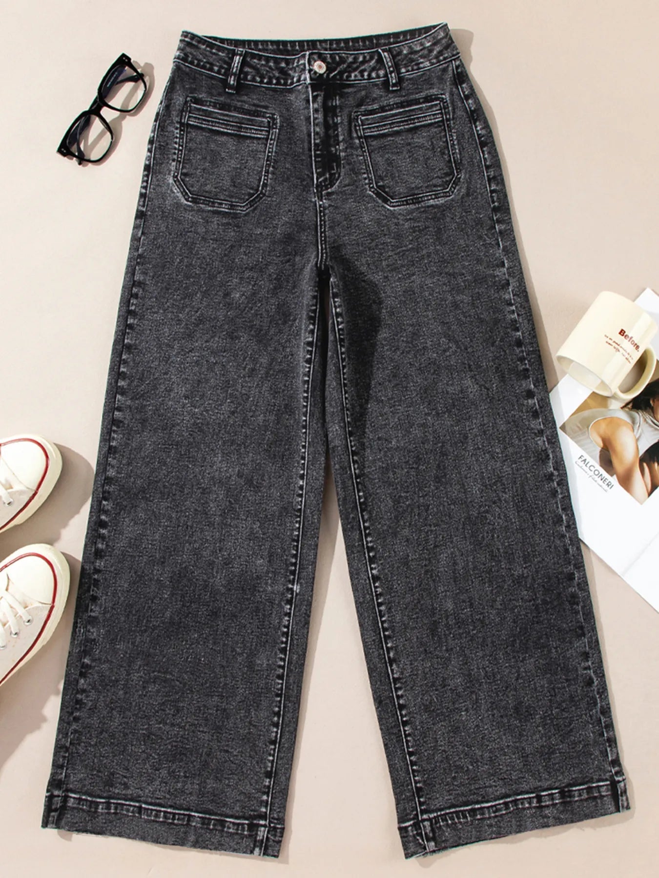 High-Waisted Wide Leg Washed Jeans 