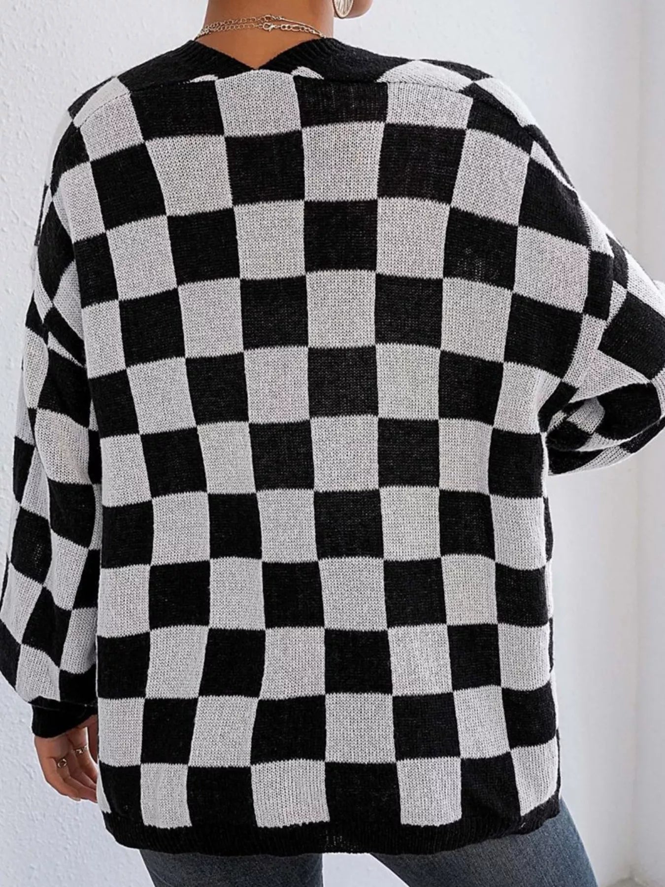 Checkerboard Pattern Open Front Knit Cardigan 
