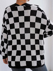Checkerboard Pattern Open Front Knit Cardigan 