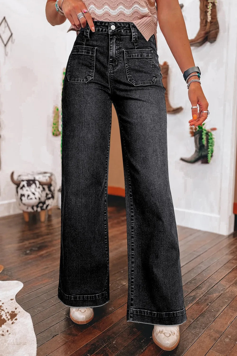 Wide Leg Pocketed High Waist Jeans 