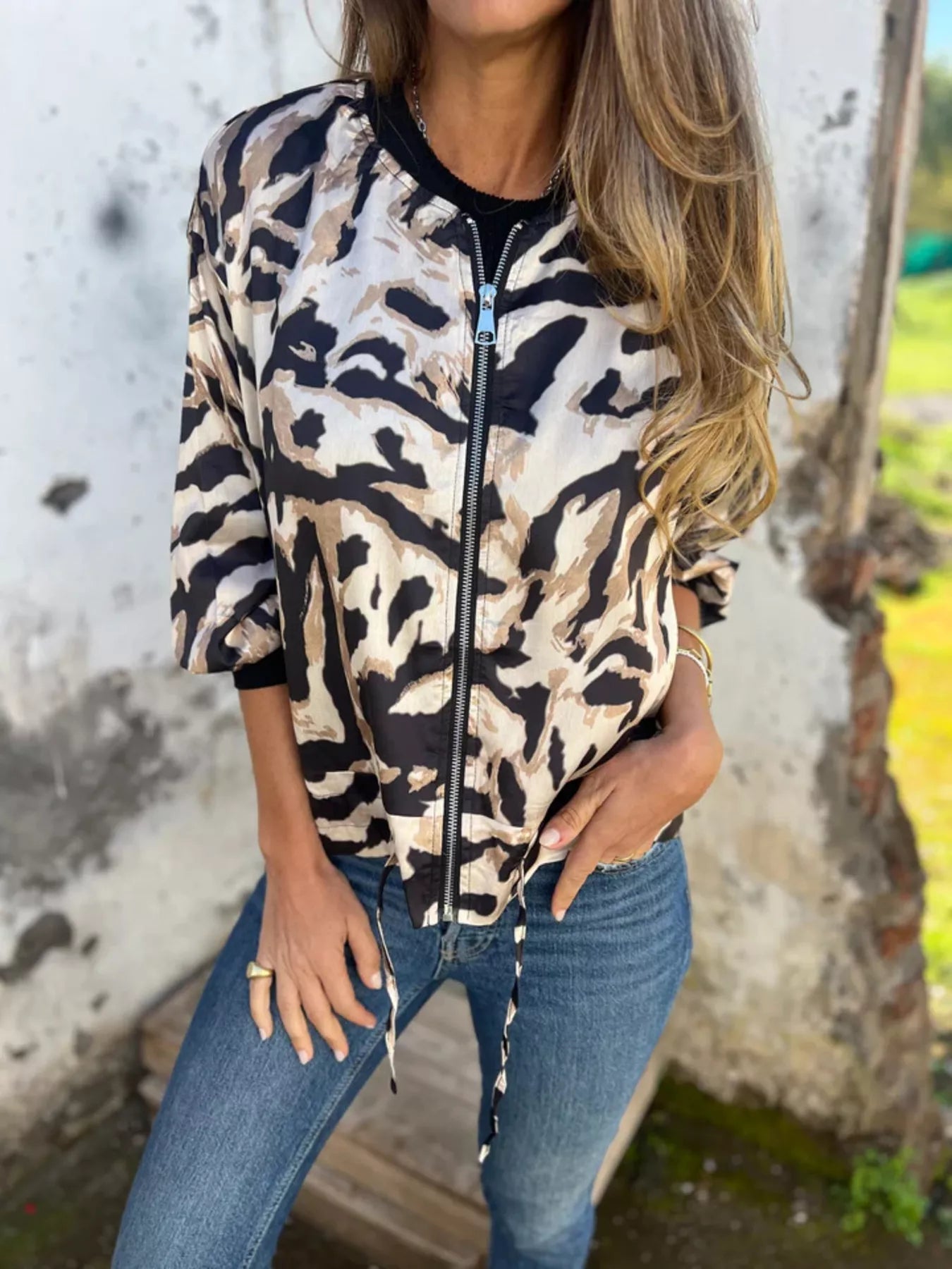 Full Size Zip Up Zebra Print Bomber Jacket Plus Size 