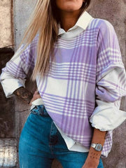 Plaid Round Neck Long Sleeve Sweater 