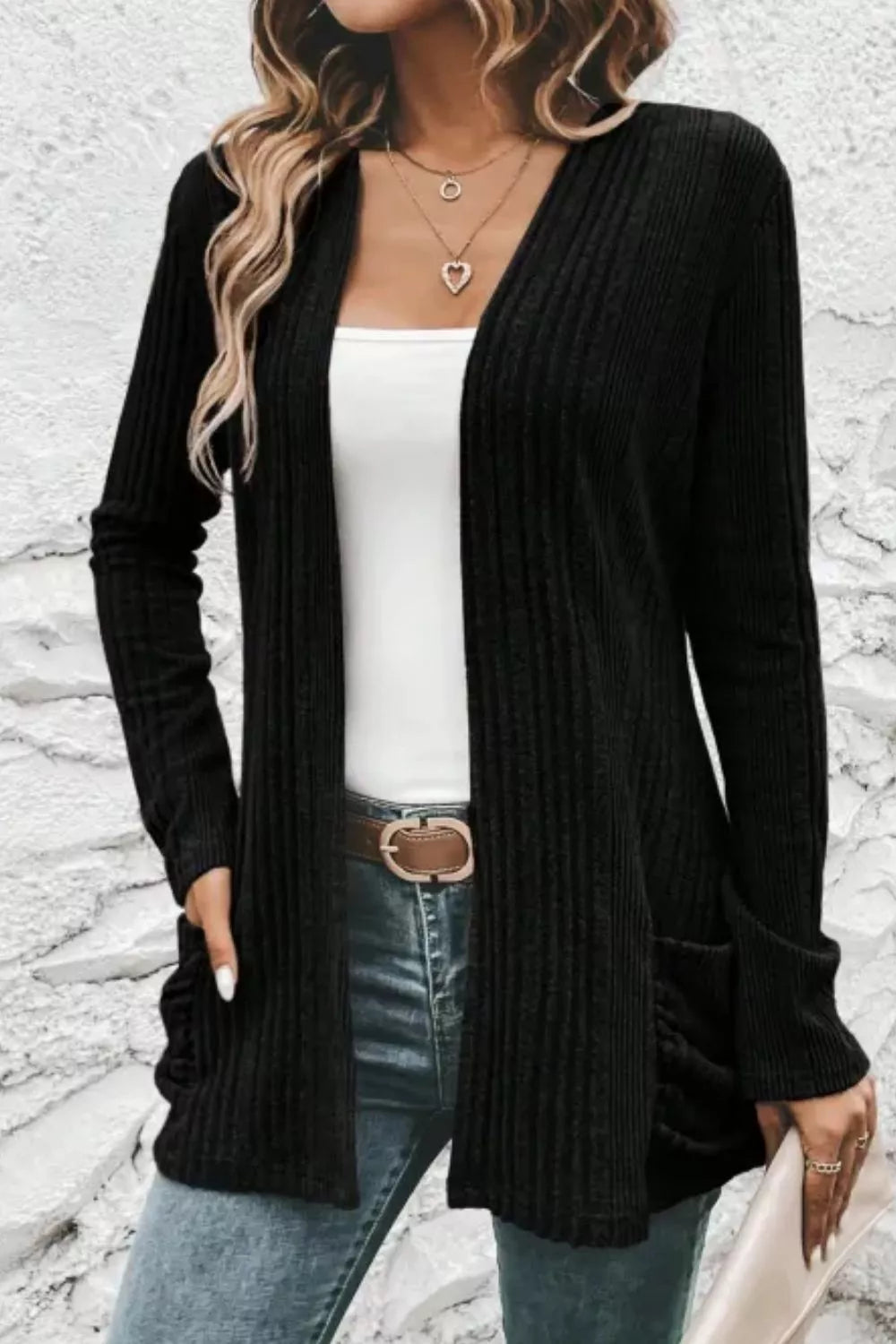 Ribbed Knit Open Front Cardigan with Pockets 