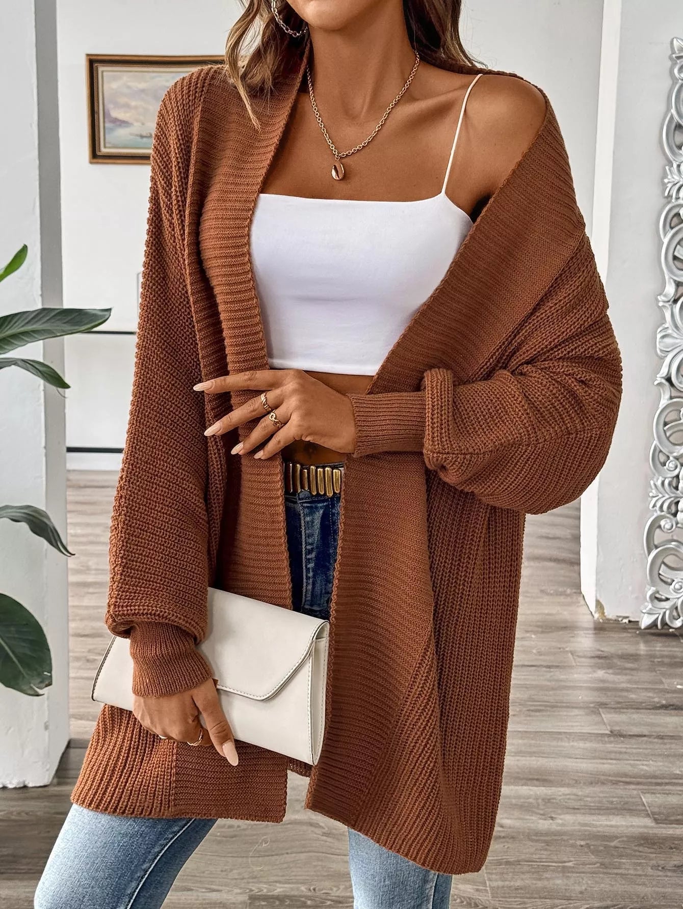 Open Front Ribbed Knit Cardigan 