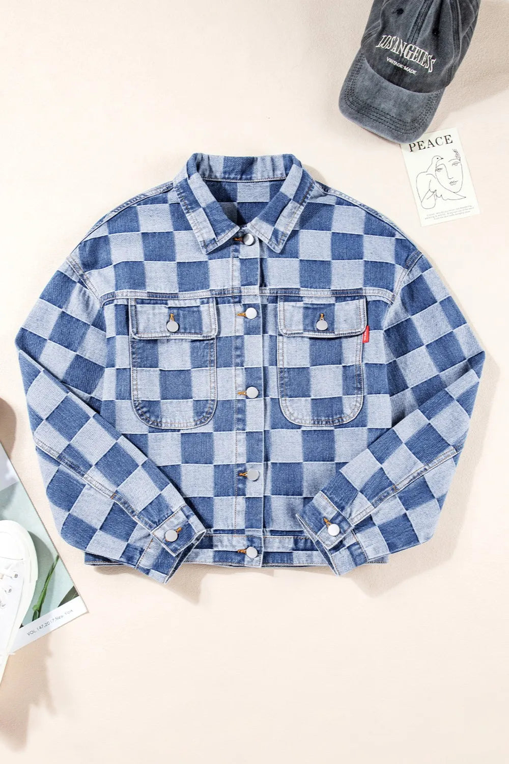 Checkered Button Up Long Sleeve Denim Jacket 
