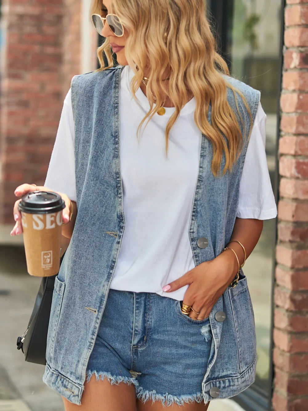 Full Size V-Neck Button Up Denim Vest 