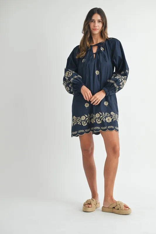 MABLE Embroidered Long Sleeve Peasant Mini Dress 
