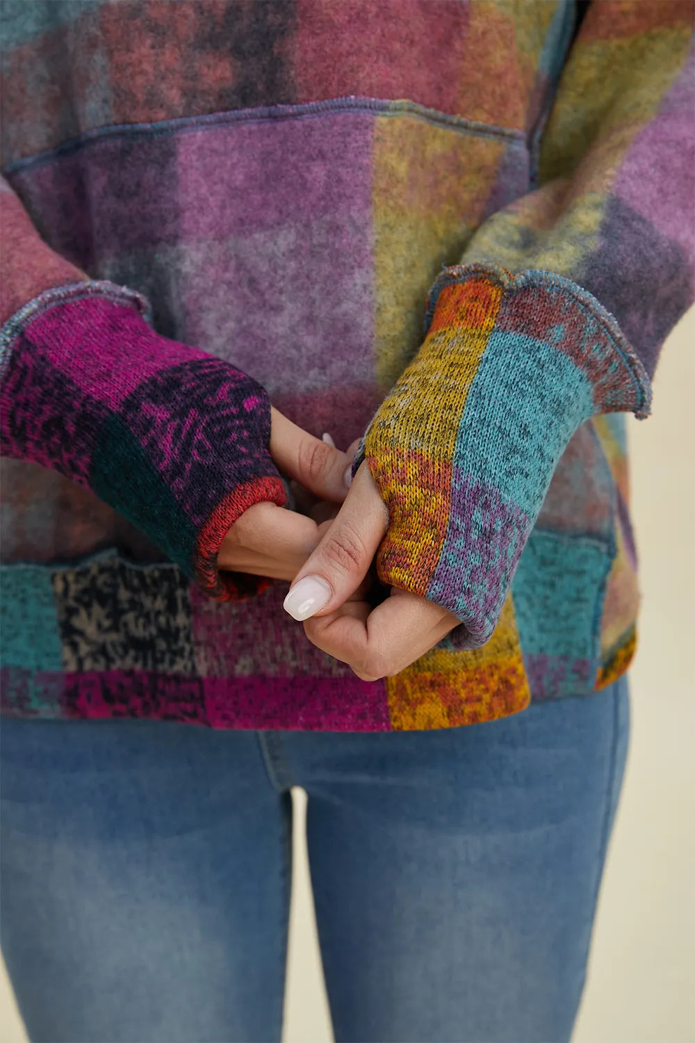 Double Take Full Size Plaid Dropped Shoulder Fleece Hoodie 