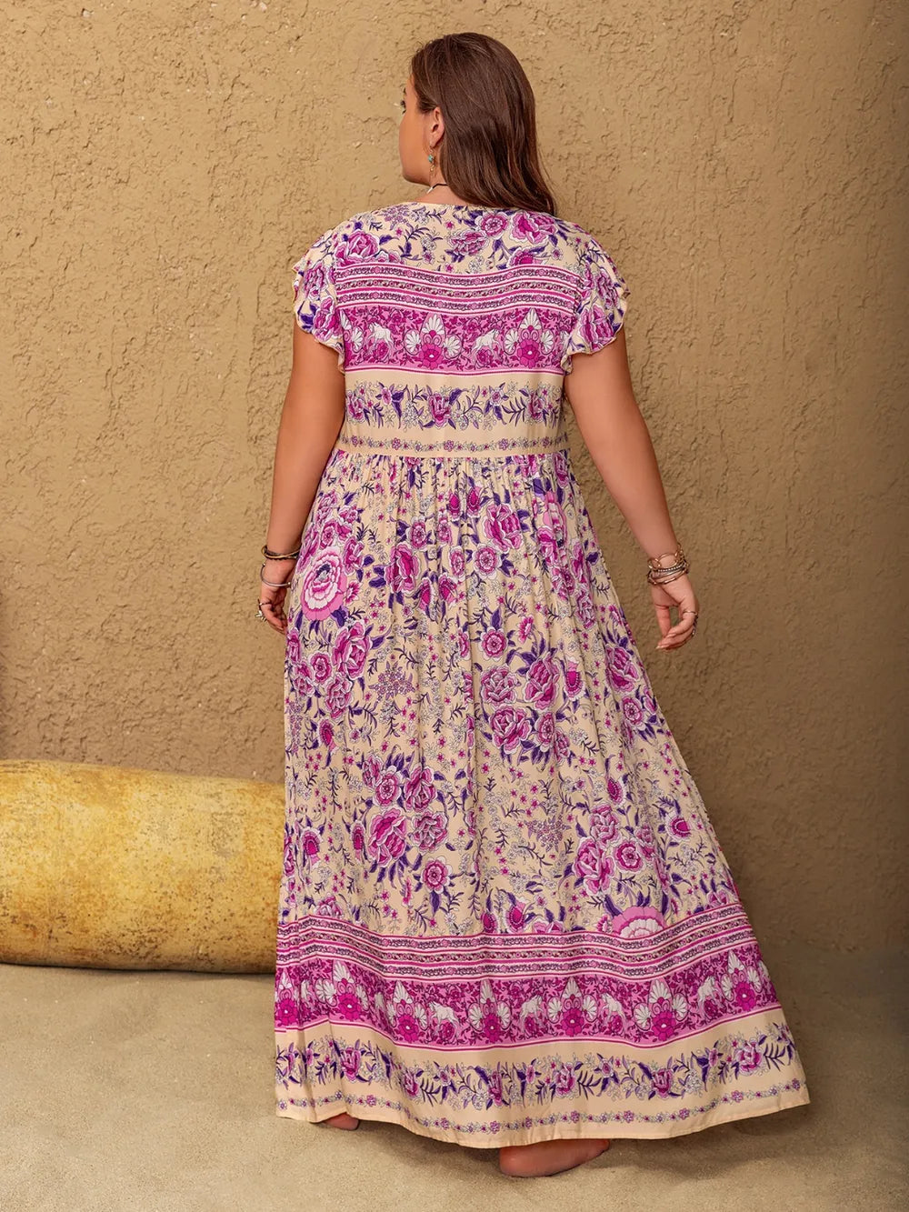 Plus Size Printed V-Neck Cap Sleeve Maxi Dress 