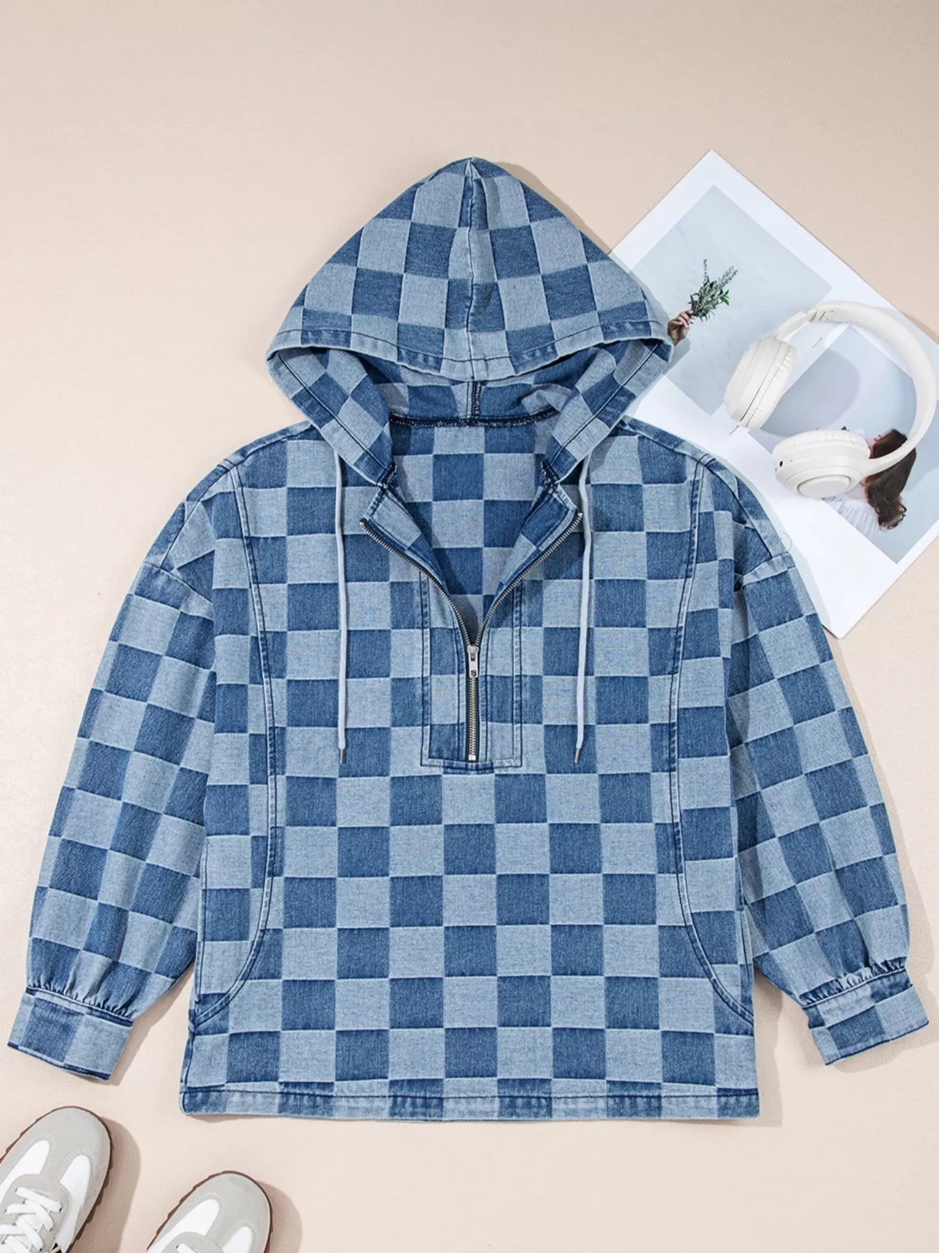 Checkered Half Zip Denim Hoodie Top 