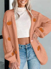 Pumpkin Tree Print Open Front Drop Shoulder Midi Cardigan 