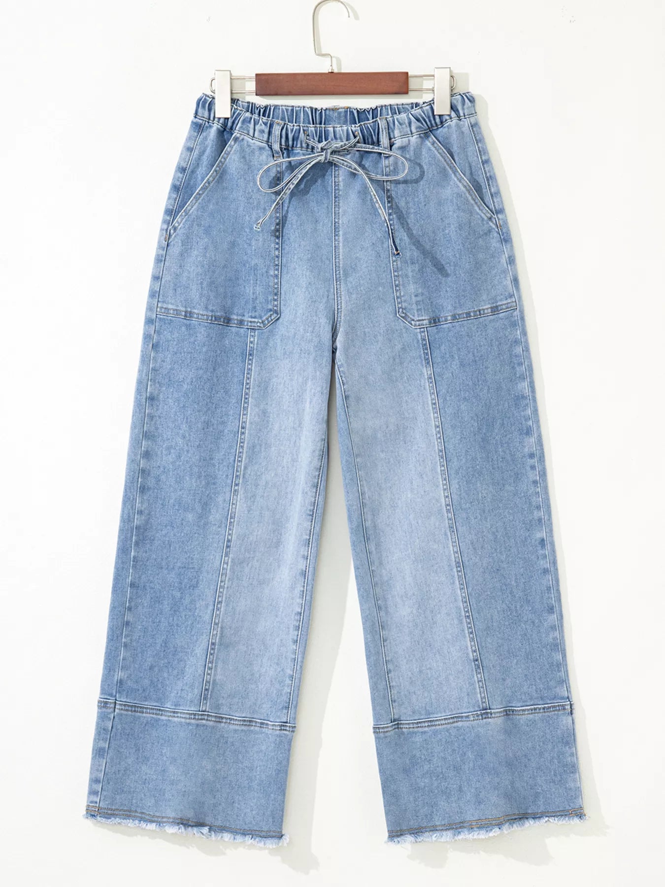 Wide Leg Drawstring Raw Hem Jeans 