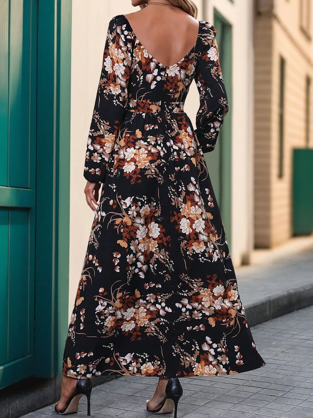 Perfee Slit Printed Surplice Long Sleeve Maxi Dress 