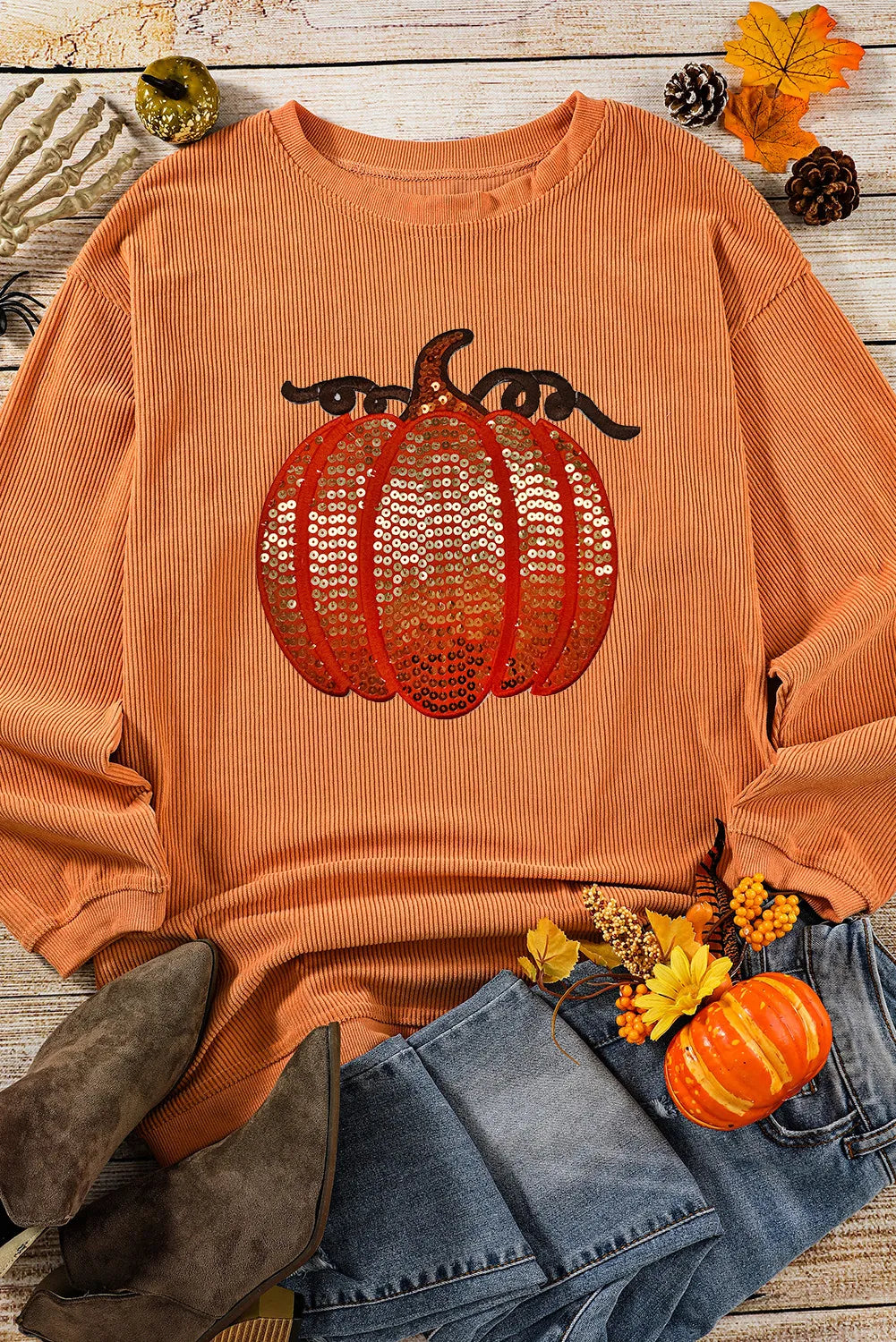 Sequin Pumpkin Round Neck Long Sleeve Sweatshirt 