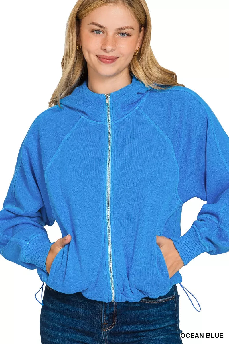 Zenana Fleece Pigment Dye Zip Up Hoodie with Pockets 