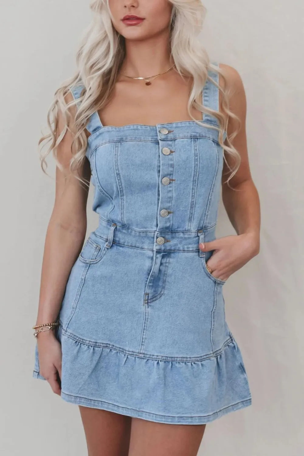 Ruffled Hem Button Front Square Neck Denim Dress 