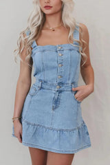Ruffled Hem Button Front Square Neck Denim Dress 