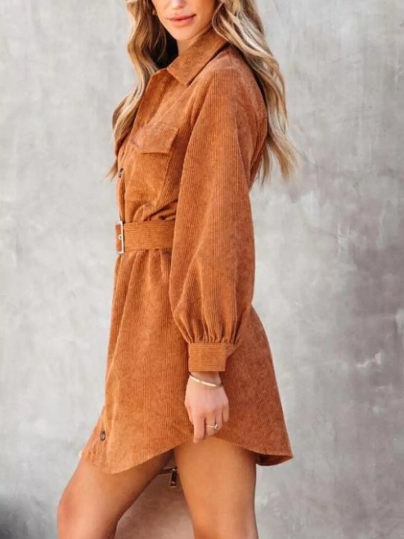 Button Front Belt Long Sleeve Corduroy Dress 