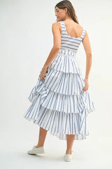 MABLE Pin Stripe Smocked Bodice Layered Midi Dress 