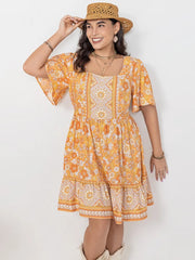 Plus Size Printed Square Neck Short Sleeve Dress 