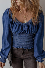 Smocked Long Sleeve Denim Top 
