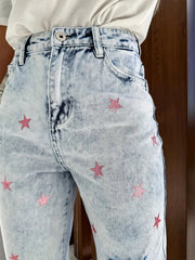 Distressed Star Straight Jeans with Pockets 
