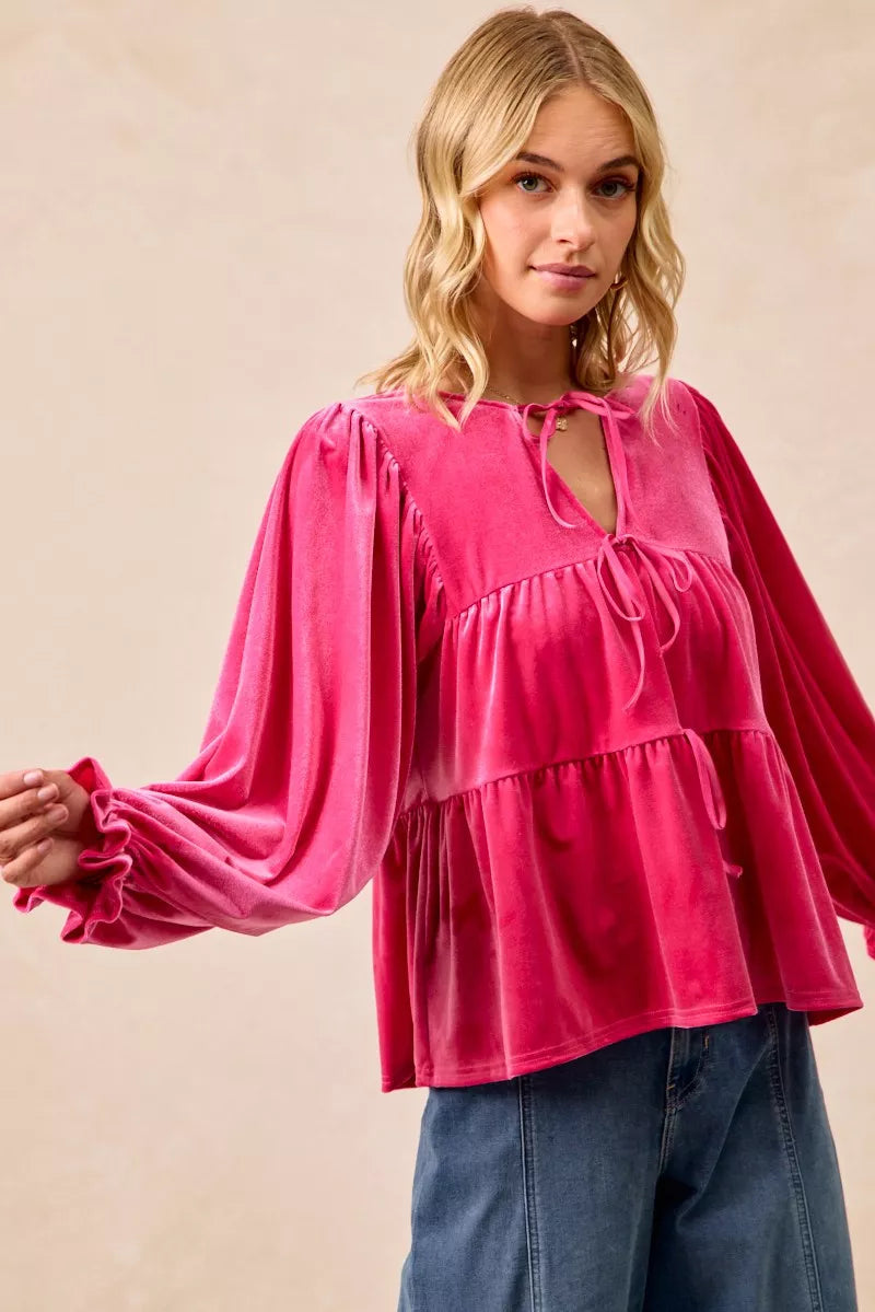 BiBi Christmas Theme Velvet Bow Tied Blouse 