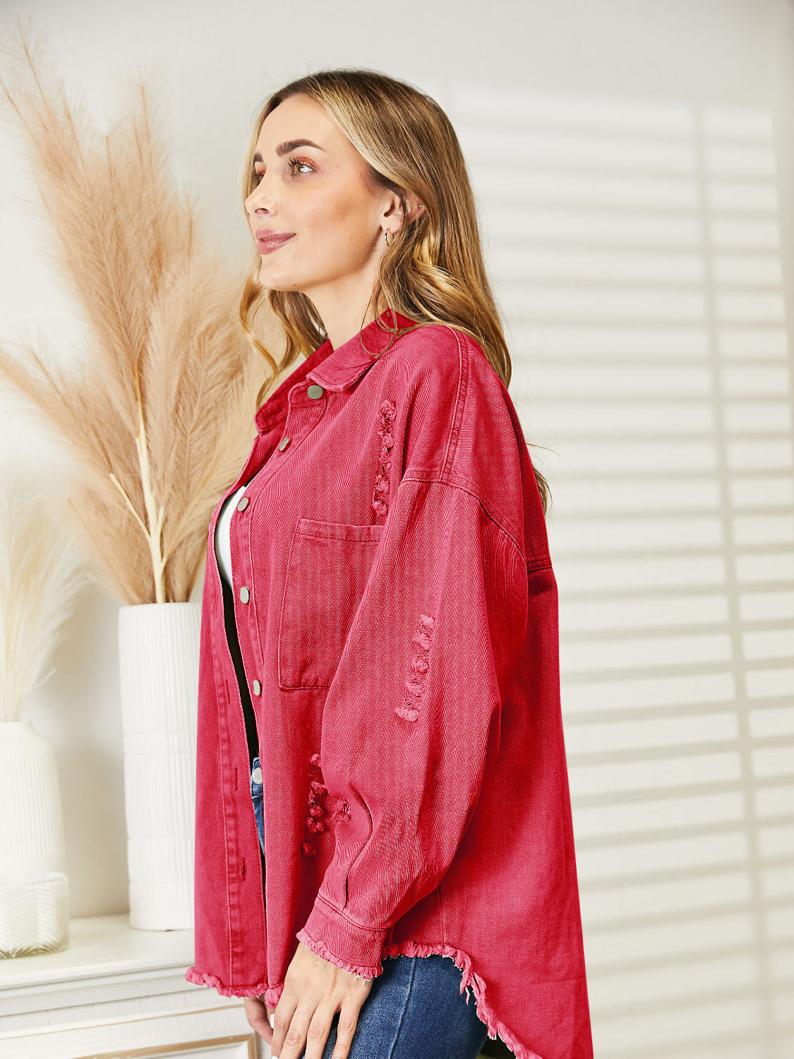 Distressed Raw Hem Denim Jacket 