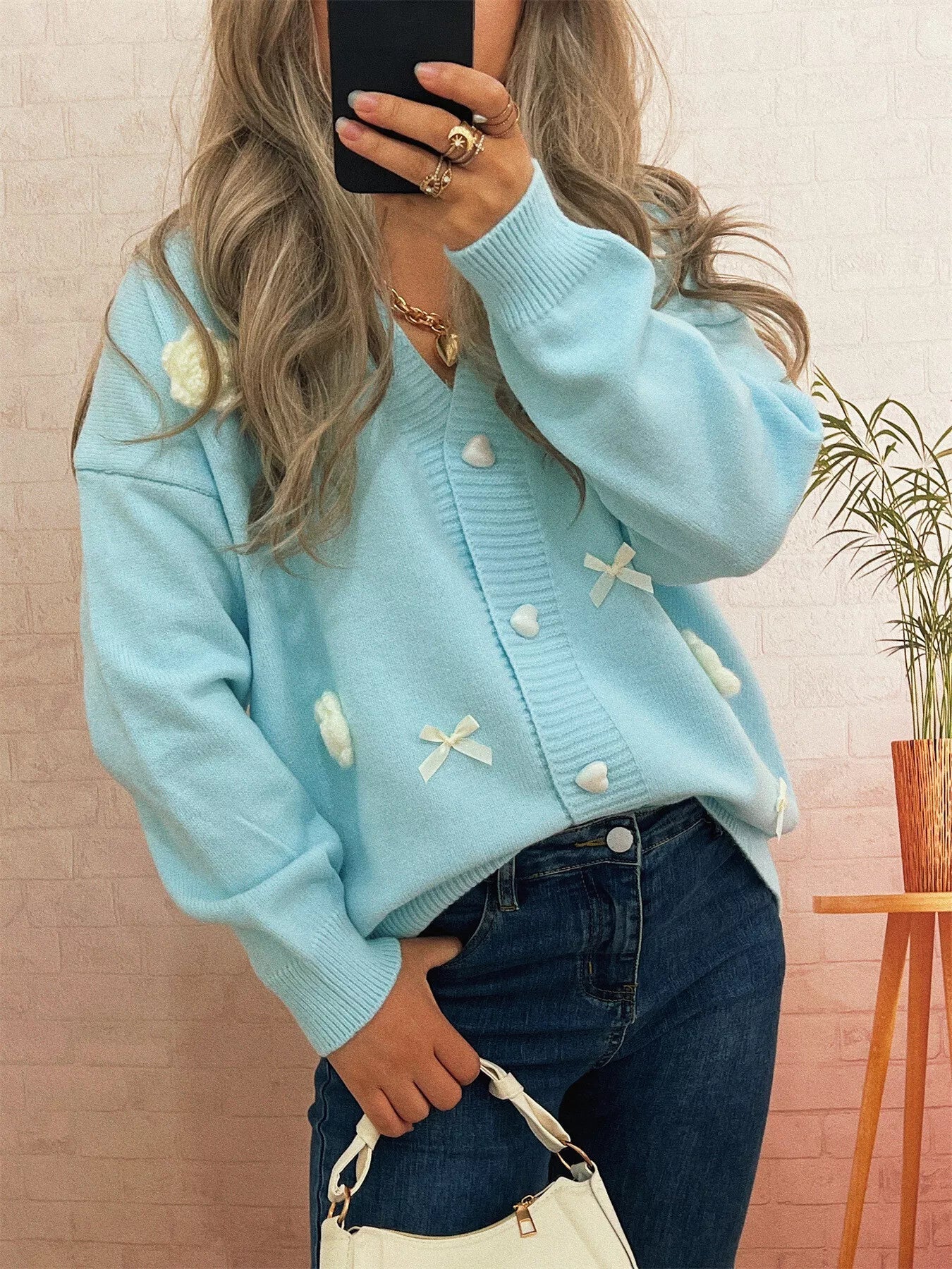 Flower Heart Button Long Sleeve Cardigan 
